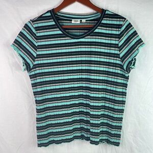 TRUE CRAFT Womens Top Blue Striped Ribbed Knit Twee 90s Y2K T-Shirt Size XL Blue